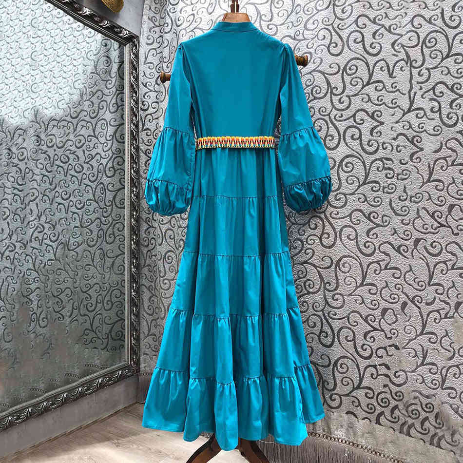Bohemian Long Dress Women's Stand Collar Lantern Sleeve High Waist Belt Casual Women Fashion Style 210525