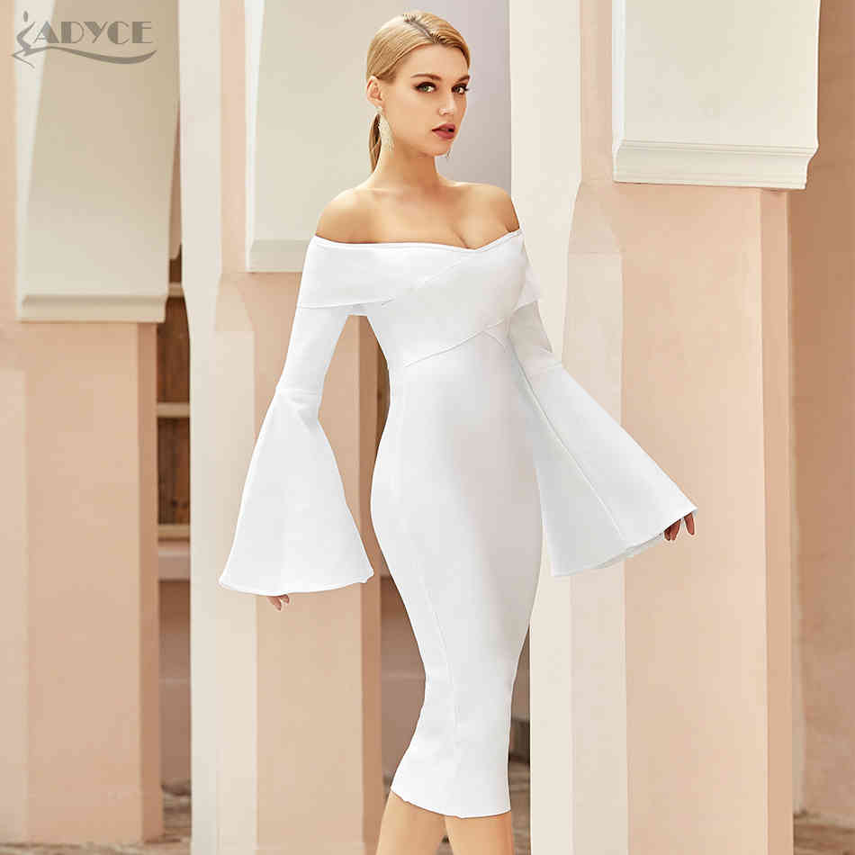 Winter Off Shoulder Long Flare Sleeve Club Bandage Dress Sexy Women White Bodycon Celebrity Runway Party Dresses 210423