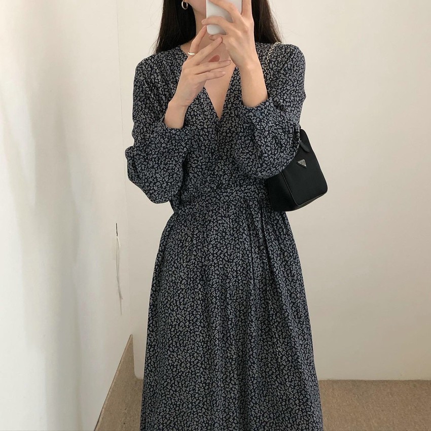 Ink Korean Chic Cross V-neck Floral Dress Long Puff Sleeve Maix Dresses Print Vintage All Match Summer Casual Robe 210519