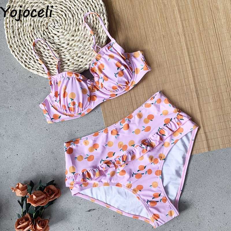 Yojoceli Ruffle cherry print sexy swimwear suit girl Summer beach bikini girls Cool elegant women tankini 210609