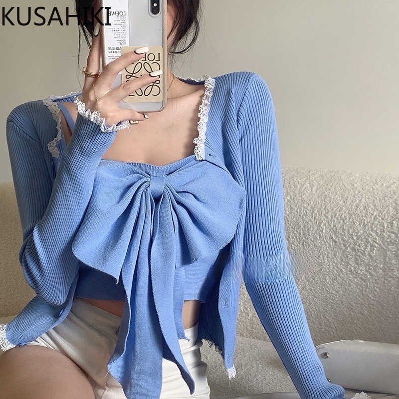 Spring Knitted Cardigan Women Sets Lace Patchwork Knitwear Coat + Sweet Bowknot Slim Baisc Sling Vest Korean Suit 6G396 210603