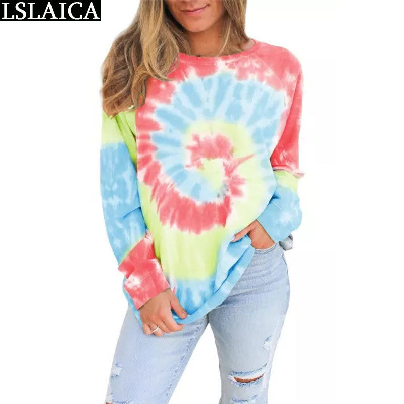 Fashion Casual Sweatshirt O-Neck Long Sleeve Women Sweetshirts Tie-Dye Loose Tops Autumn Winter Las Mujeres 210520