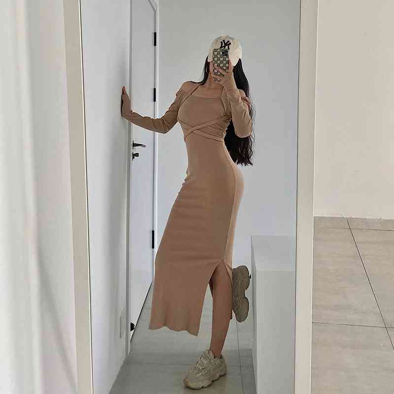 WOMENGAGA Sexy Turtleneck Bandage High Waist Slim Slit Long Sleeve Mid-Calf Dress Robe Dresses 8KLQ 210603