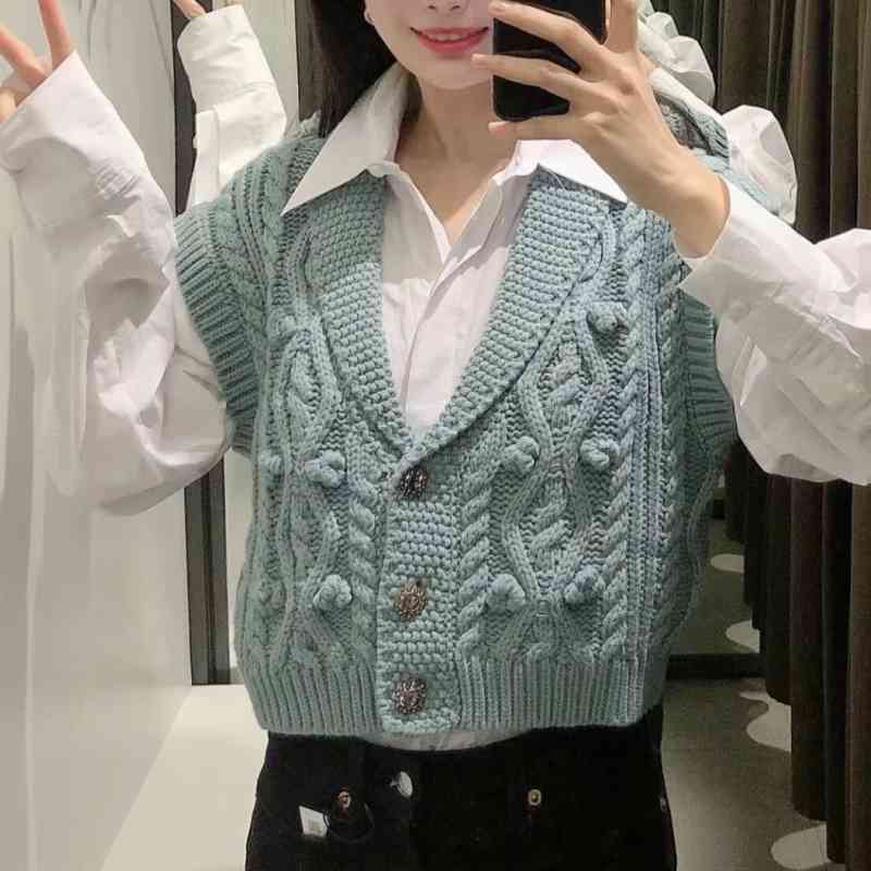 Spring Women V Neck Button Decoration Crochet Knitting Short Sweater Female Sleeveless Pullover Casual Lady Loose Tops SW1167 210430