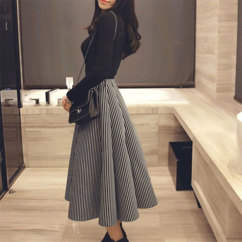 Arrival Spring Autumn Korea Fashion Women High Waist Striped A-line Skirts Quality Space Cotton Casual Long Skirt V198 210512