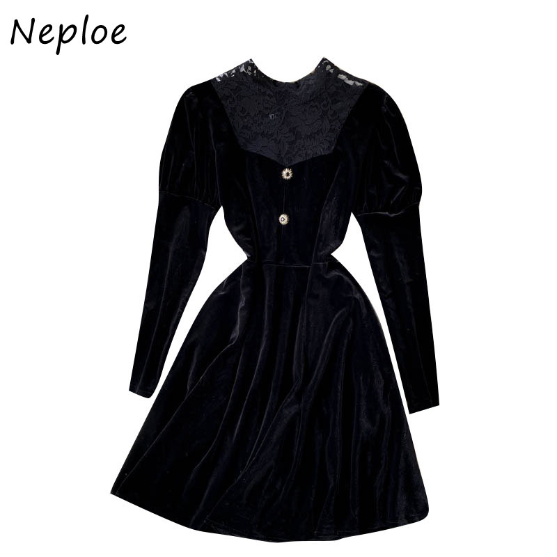 Neploe Retro Lace Patchwork Dress Elegant O-neck Long Sleeve Slim Waist Velvet Femme Vestidos Chic Button Drawstring Dresses 210422