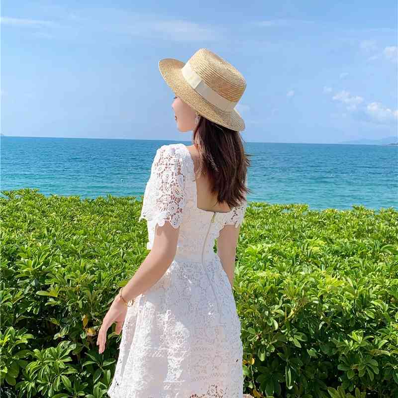 Sexy Lace Woman Dress Summer Square Collar Short Sleeve Dresses Party Club Vestido White Fashion 210520