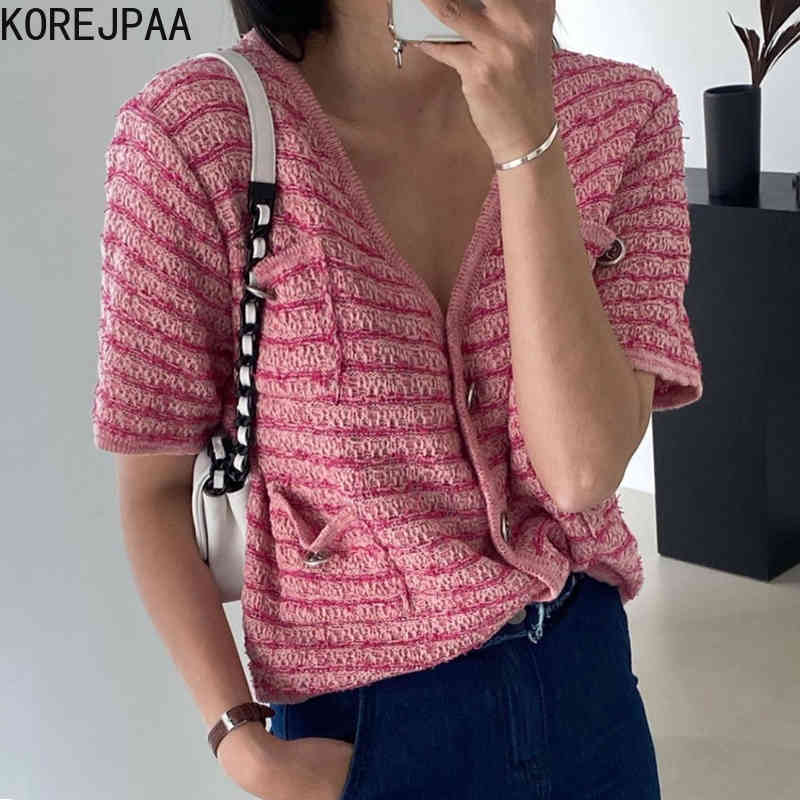Women Sweater Summer Korea Chic French Retro V-neck Loose Contrast Stripe Button Pocket Short Sleeve Knit Cardigan 210514