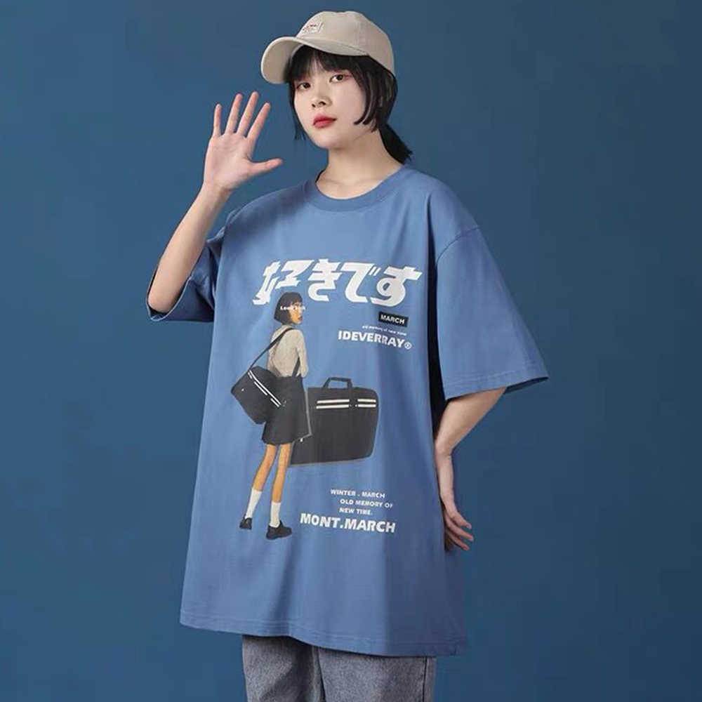 Girl Japanese Kanji Print Harajuku T Shirt Mens Hip Hop Streetwear Shirts Summer Cotton Loose Short Sleeve ops Unisex 210629