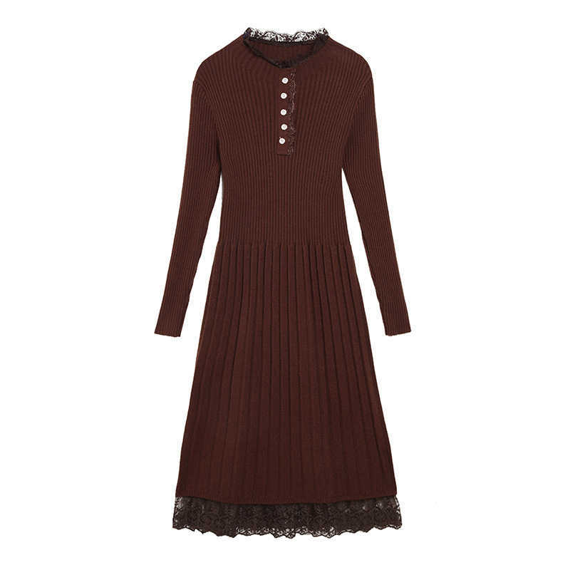 Robe Pull Femme Hiver Lady Korean Style Lace O-neck Long Sleeve Dresses for Women Casual Knee-length Knit Dress Sukienki Damskie 210604