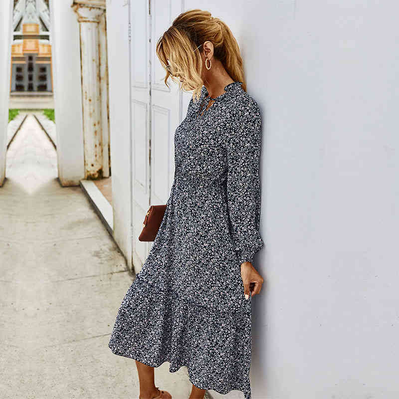 Autumn Winter Ladies Casual Floral Print Dress Women Full Sleeve Lace Up V-neck High Wasit Long Vintage Dress Female New 210325