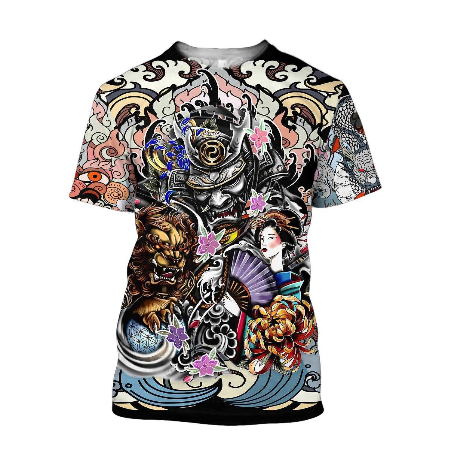 Summer Men t-shirt Samurai and Dragon Tattoo 3D ALL OVER Printed Harajuku Casual short Sleeve Tee shirts Unisex tops QDL024 210629