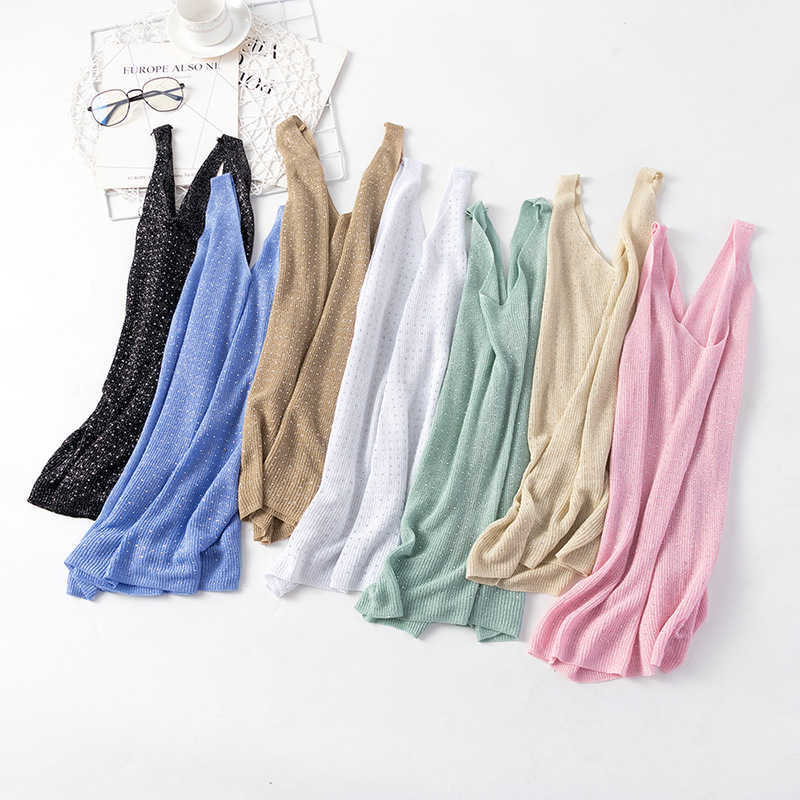 Summer knitted Tank Top for Women korean Cami Sleeveless Bling Lurex diamond vest Top White Black Women's loose Camisole tops 210625