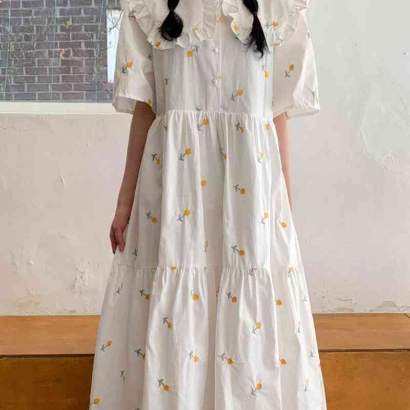 Nomikuma Floral Embroidery Woman Dress Sweet Peter Pan Collar Short Sleeve Dresses Korean Chic Summer Causal Vestidos 6H319 210427