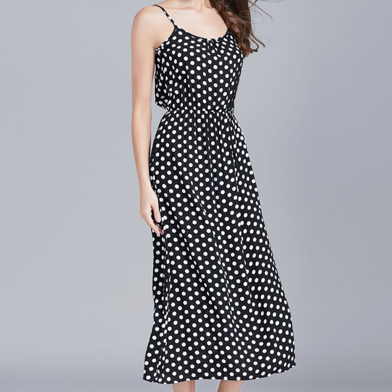 Fashion women dresses summer ladies black dot Sleeveless A-Line Sexy chiffon elegant Empire 3826 50 210510
