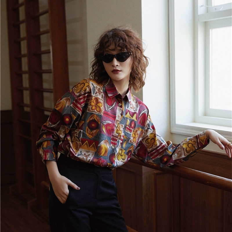 Fall Women Vintage Long Sleeve Shirt Tops And Blouse Button Up Collar Floral Print Ladies Top 210427