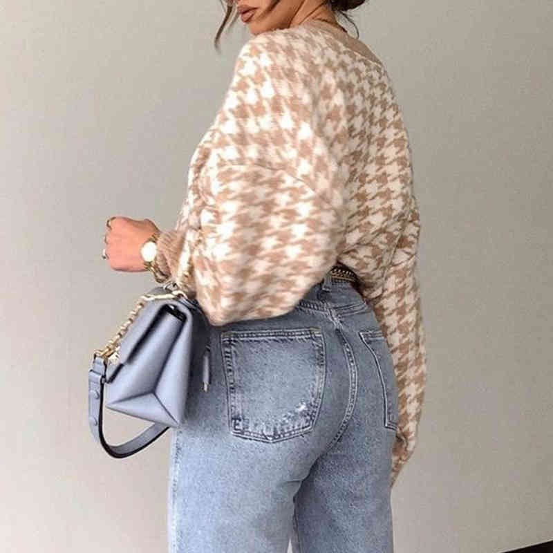 vintage houndstooth oversized sweater pullovers women casual plaid khaki winter tops checkered pull femme 210427