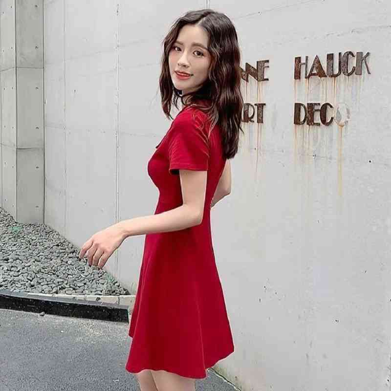 Korean style Chic Short Sleeve Button Women Mini Dress Turn-Down Collar Solid Color Ladies Dresses Summer Female Robe 210521