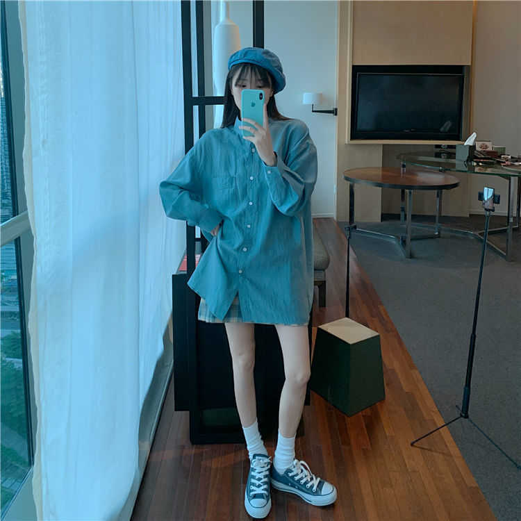 Summer and Autumn Suit Blue Sunscreen Shirt + Plaid Sling Slim A-line Dress Western Style Two-piece Female 210708