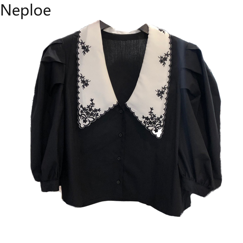 Neploe Sweet Puff Half Sleeve Women Shirt Korean Floral Embroidery Turn Down Collar Blusa 2021 Spring Summer Short Blouse 1A659 210317