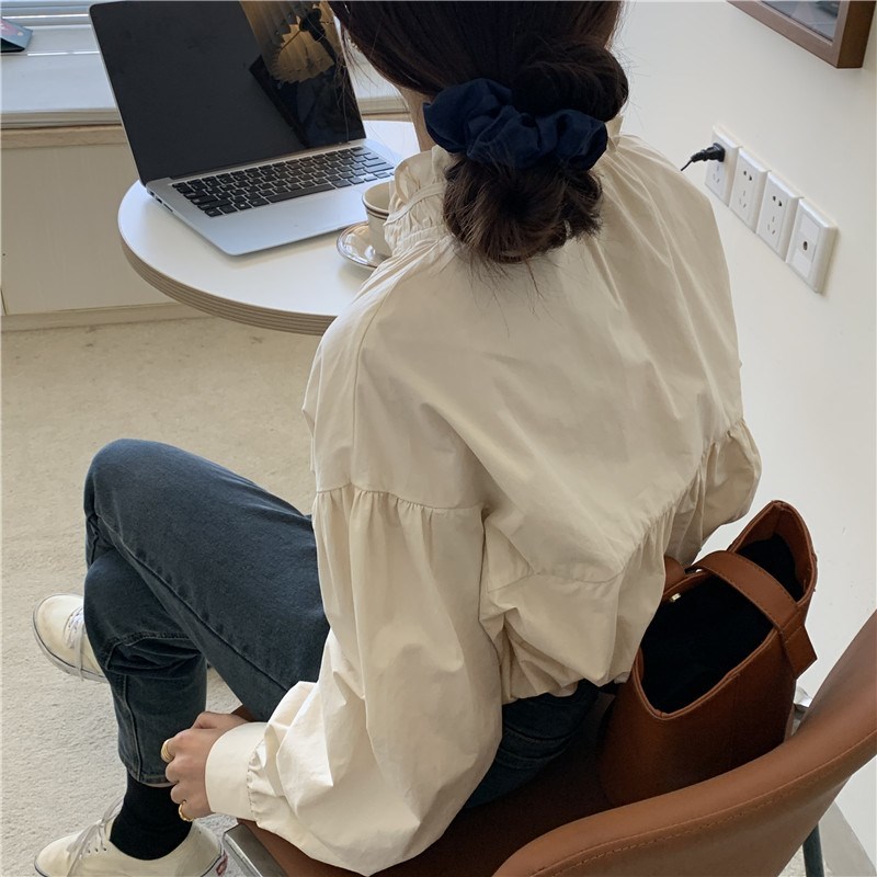 Nomikuma Spring New Women Doll Shirt Causal Ruffle Stand Neck Puff Long Sleeve Blusas Femme Single Breasted Blouses 6E159 210427