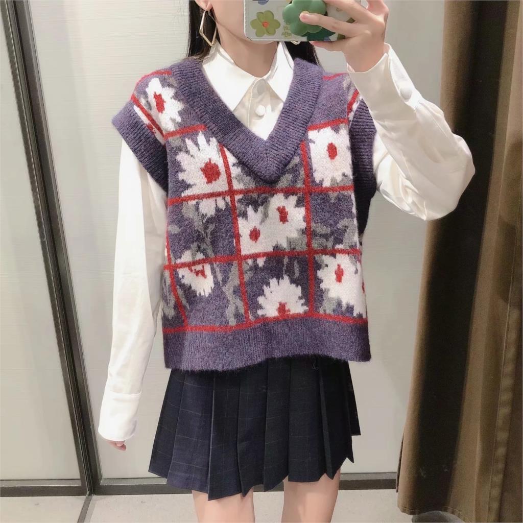 Vintage V-Neck Print Oversize Knitted Sweater Fashion Slim Sleeveless Office Lady Pullover Casual Loose Chic Top 210521