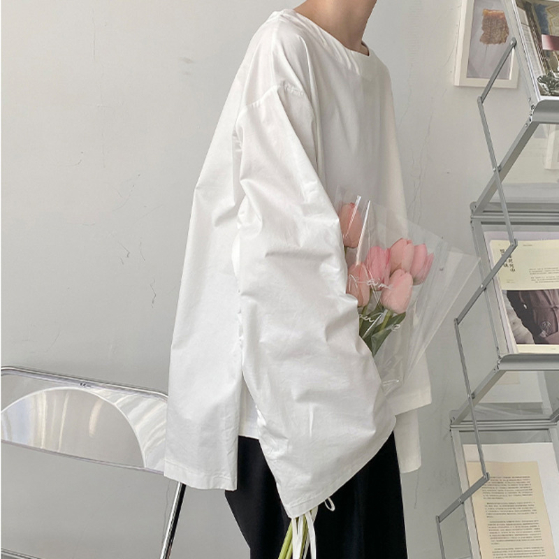 IEFB Spring Men's Wear Korean Fashion Round Neck Pullover Tops Loose Deconstruction Wrinkled Long Sleeve Shirt Loose 9Y6130 210524