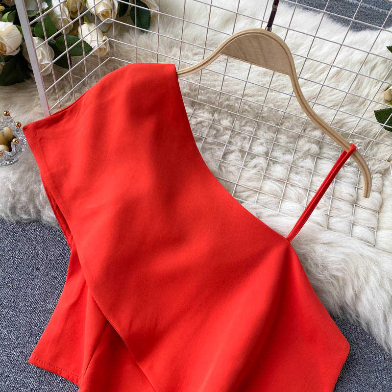 DEAT Women Off Shoulder Vintage Irregular Split Suspender Vest Sexy Solid Color Slim Fashion Spring Summer 11B353 210709