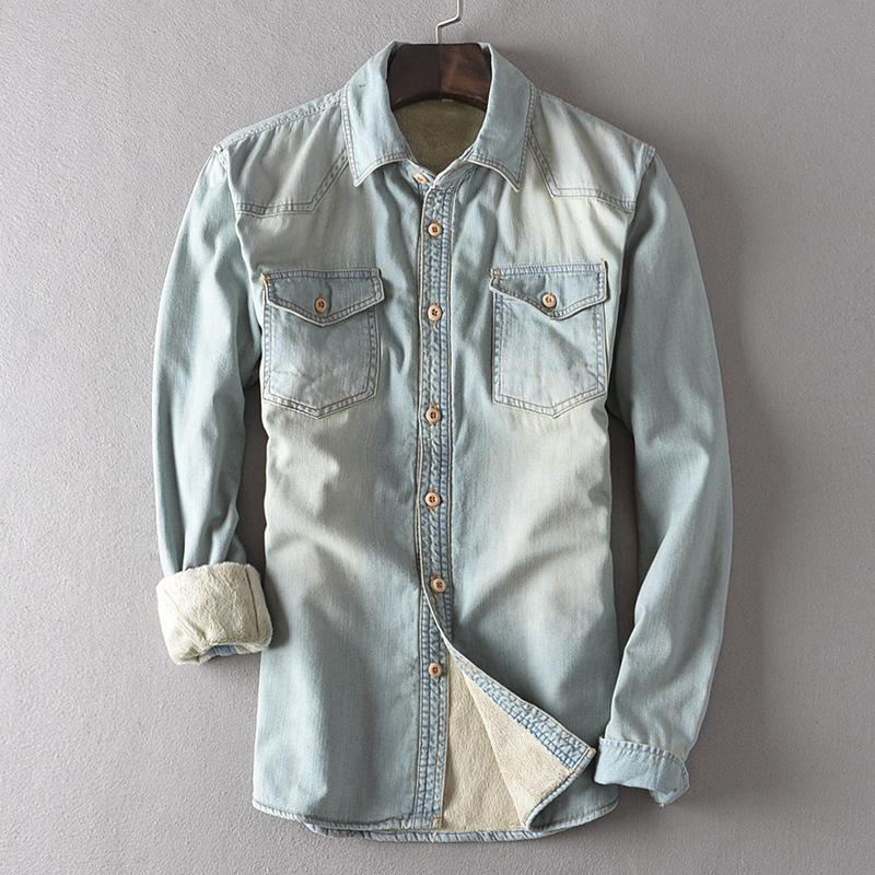 Quality Winter Men Casual Denim Shirt 100%cotton Solid Thicken Keep Warm Long Sleeve Tops Man Chemise Homme Plus Size 4XL Men's Shirts