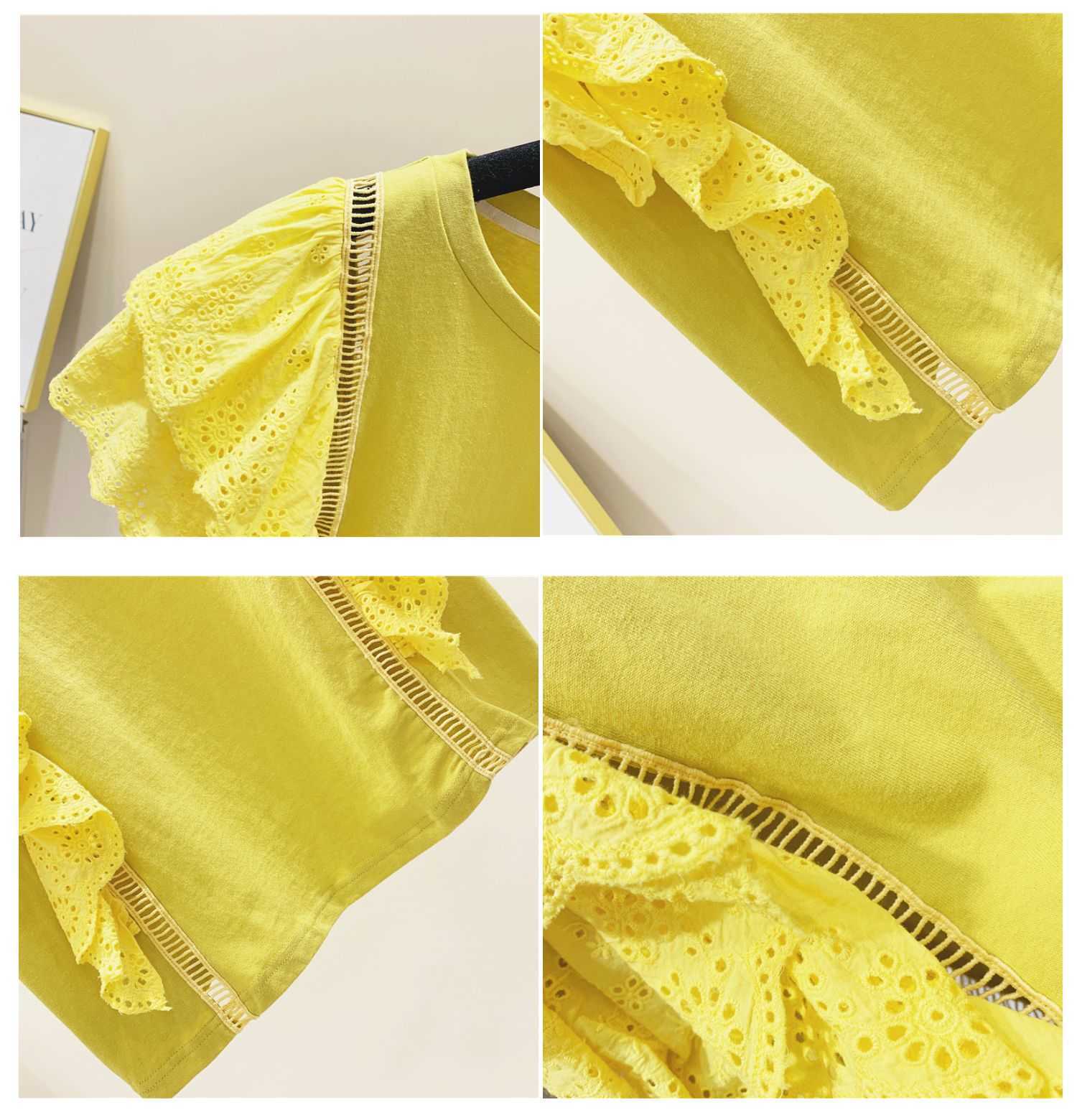 Lace Ruffled Cotton Short Sleeve T-shirt Female Summer Korean Style Women T Shirts Solid Color Clothing 210615Z