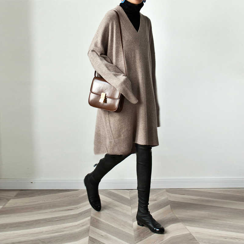 SHIJIA autumn Long sweater female V-neck oversized Loose brown knitted jumper woman pullovers femme winter streetwear tops 210918