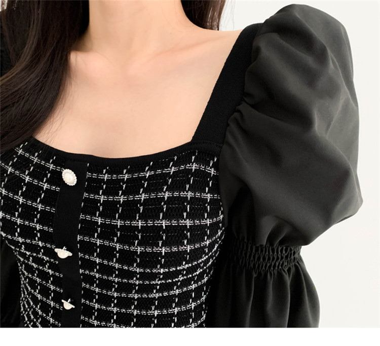 Korean Autumn Elegant Long Puff Sleeve Square collar Striped Knitted Single-breasted Women chic Tops Vestidos 210519