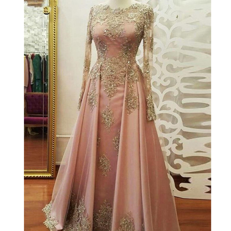 Pink Evening Dresses Elegant Scoop Beading Appliqued Overskit Custom Made Formal Prom Party Gowns Vestidos