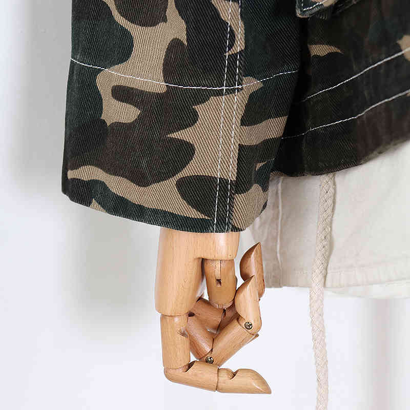 VGH Print Camouflage Jacket For Women Stand Collar Drawstring Oversized Casual Jackets Female Fall Fashion New Clothing 210421