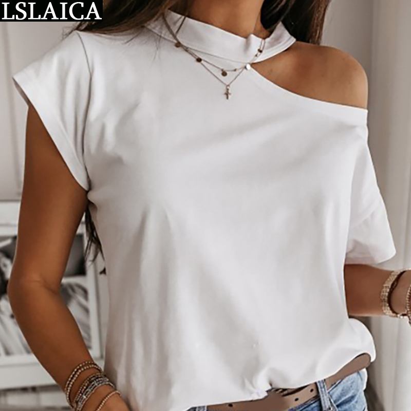 tshirt short sleeve solid color loose stand collar summer women clothes polyester casual off the shoulder woman top crop 210520