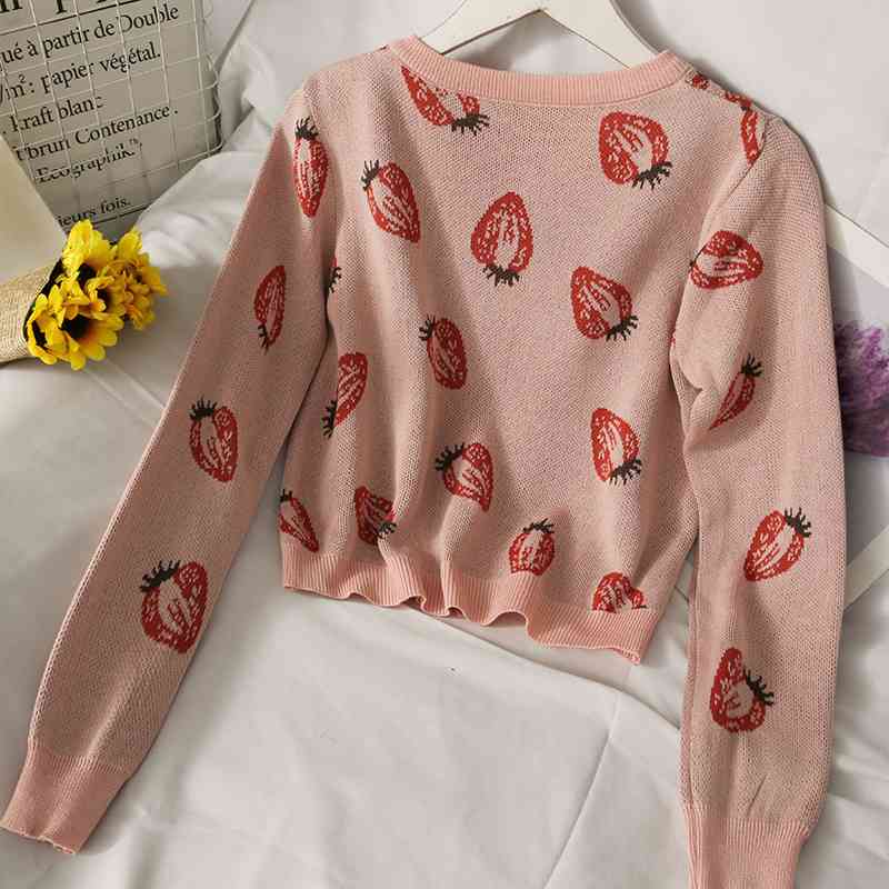 Kimutomo Strawberry Print Suit Single Breasted Long Sleeve Cardigan + Slimming Short Sling Two Piece Set Korean Women Fashion 210521