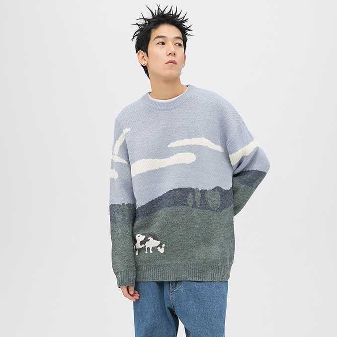 Men Cow Vintage Winter Sweater Pullover O-Neck Korean Knitted Sweater Women Casual Harajuku Couple Knit Streetwear Oversize 210818