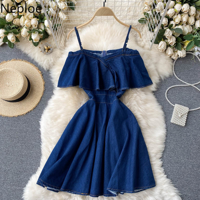 Neploe Sexy Off Shoulder Sling Women Mini Dress Korean Fashion Ruffles A-Line High Waist Female Dresses Summer Denim Vestidos 210422