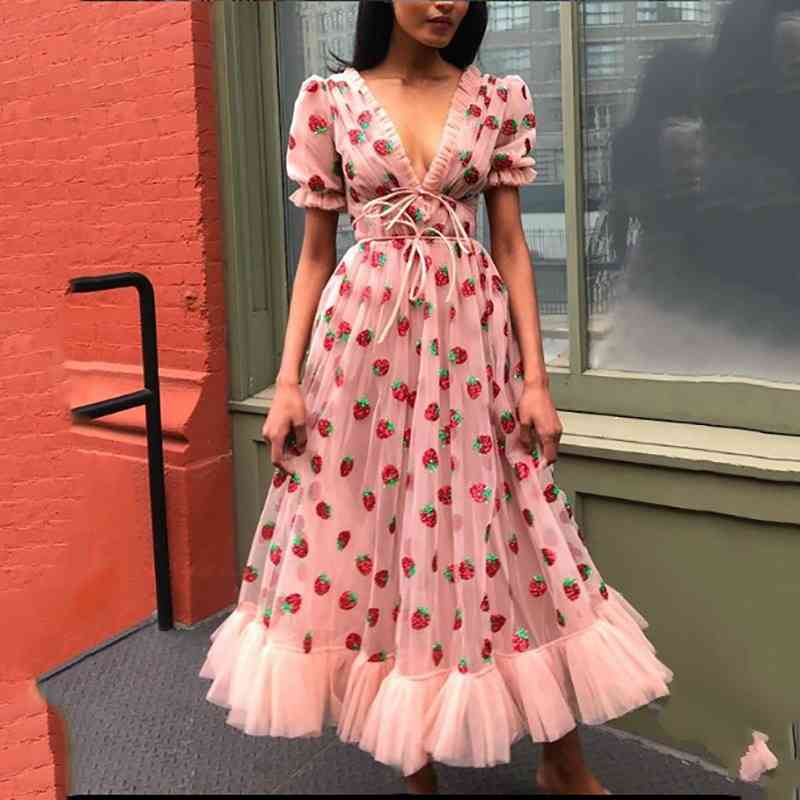Spring S-5XL Sexy V-Neck Strawberry Pink Mesh Lace Pleated Belt Girly Style Cute Plus Size High Waist Long Dress 210325