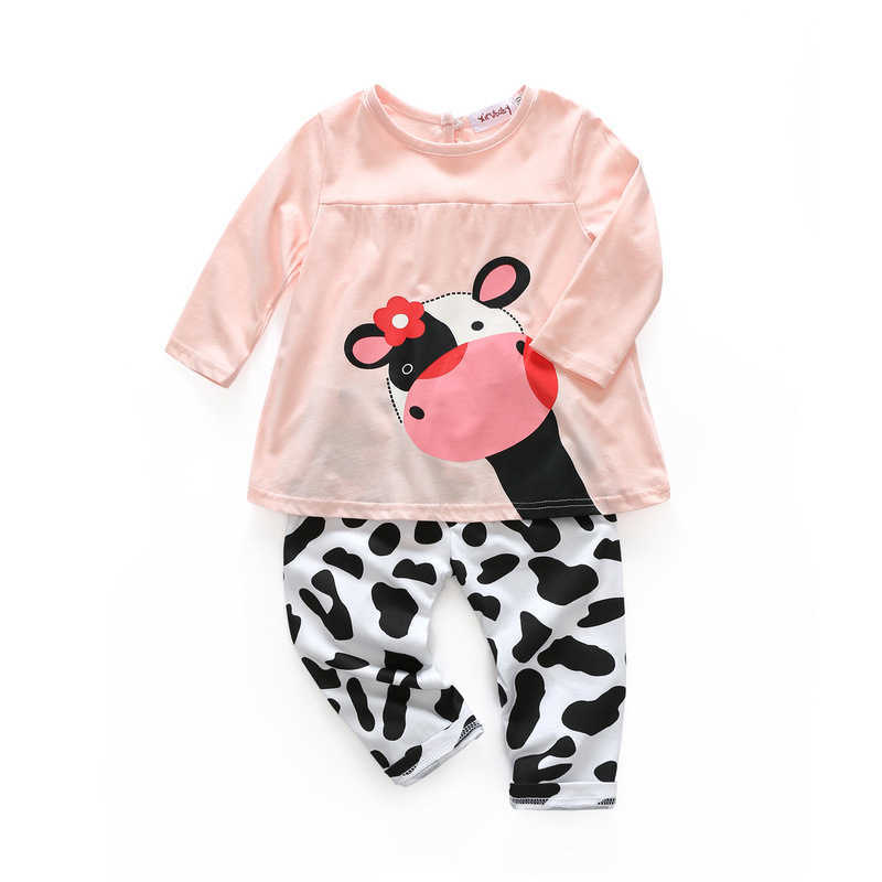 Baby Girls Long Sleeve Pajama Set Cotton Tops with Tight 2 Pcs Casual Clothes for Kids Animal Print Outfit 210529