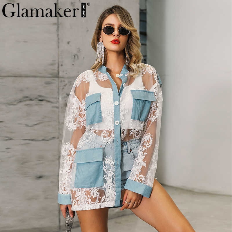Glamaker Denim patchwork blouse shirt women Streetwear transparent autumn shirt top Sexy long sleeve lace white blouse ladies T191231