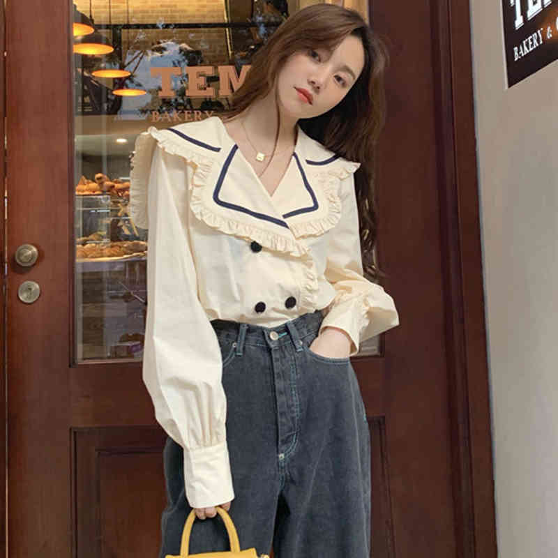 Nomikuma Women Blouse Hit Color Ruffle Peter Pan Collar Shirt Autumn New Double Breasted Long Sleeve Blusas Mujer 6D668 210427
