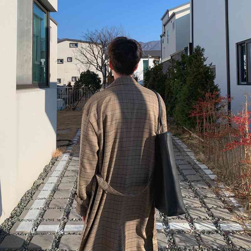 IEFB /men's wear mid-length trench coat plaid print Korean handsome oversize spring knee-high Windbreaker double breasted 9Y3943 210524
