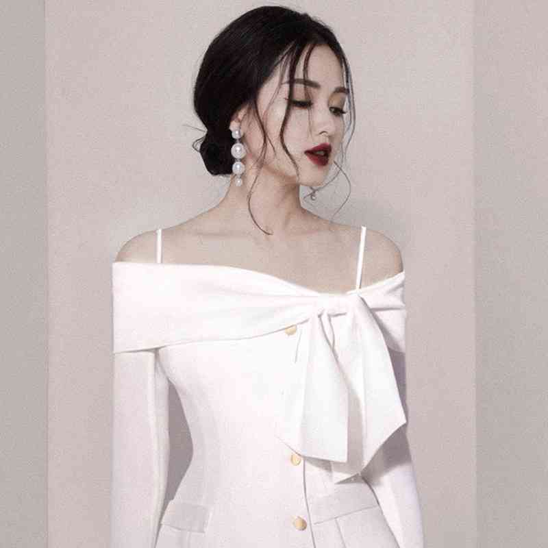 Spring Women Sexy Off The Shoulder Bow Party Dresses White Single Breasted Beach Holiday Ladies Vestido Da Fest 210520