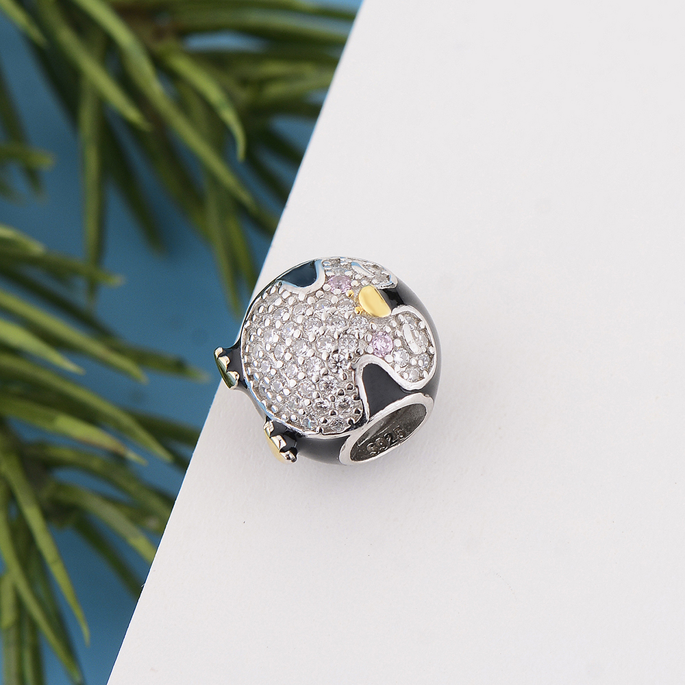 Fit Original Pandora Charm Bracelet Real 925 Silver Black Baby Penguin Gold Color Foot Bead For Making Berloque