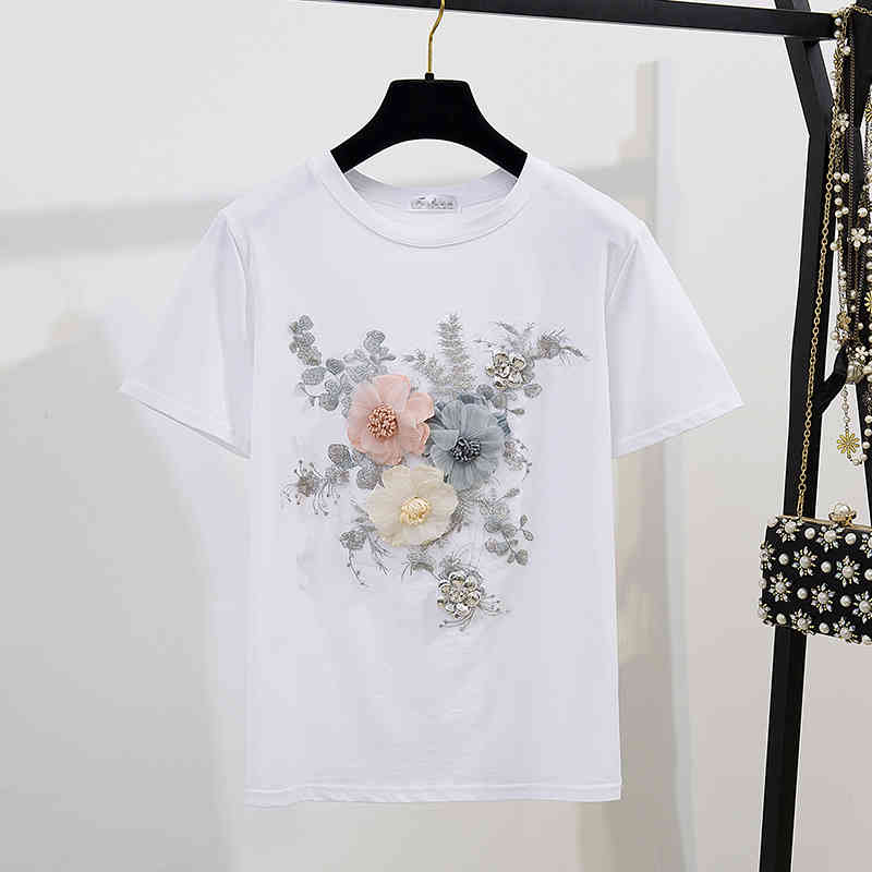 Summer Women 2 Piece Sets Vintage Beading Embroidery 3D Flower T-Shirt + Denim Shorts Suit 210519