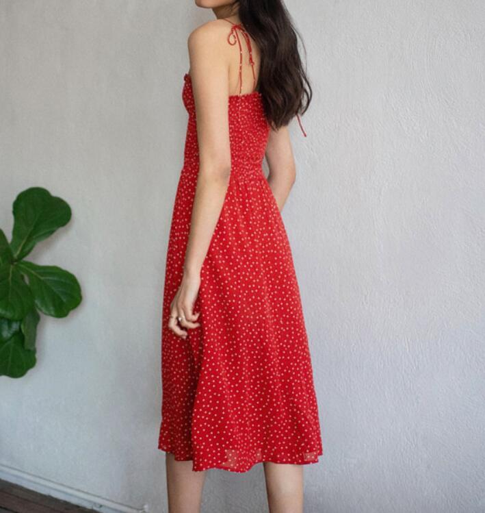 Retro Elegant Elastic Body Long Sling Dresses France Small Dot Print Chiffon Midi Women Summer Dress Holiday 210429