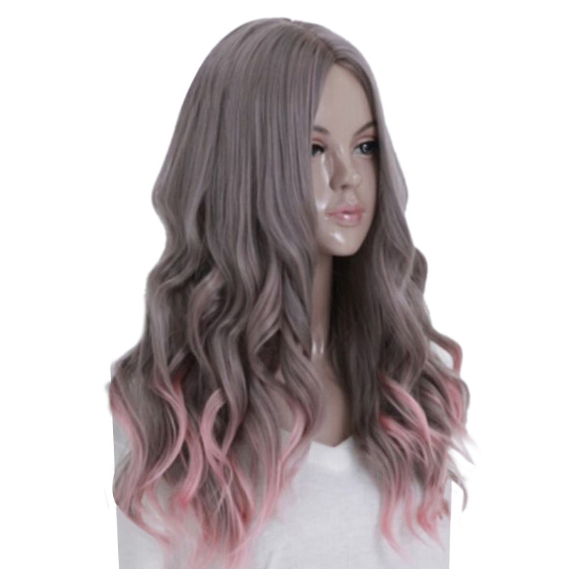 cheaps harajuku gradient blending grey pink wig cosplay long heat resistant wigs curly wavy wig synthetic hair wigs high quality