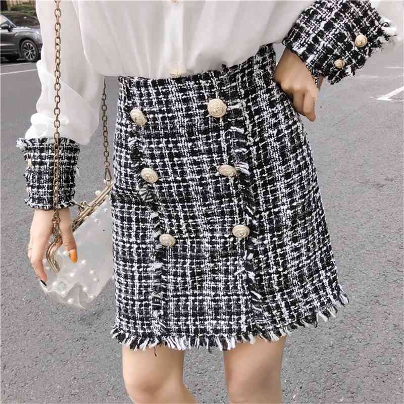 Autumn And Winter Elegant Women Two Piece Set Tweed Tassels Shirt Top + Double-Breasted Woolen Mini Skirt Suit 210520