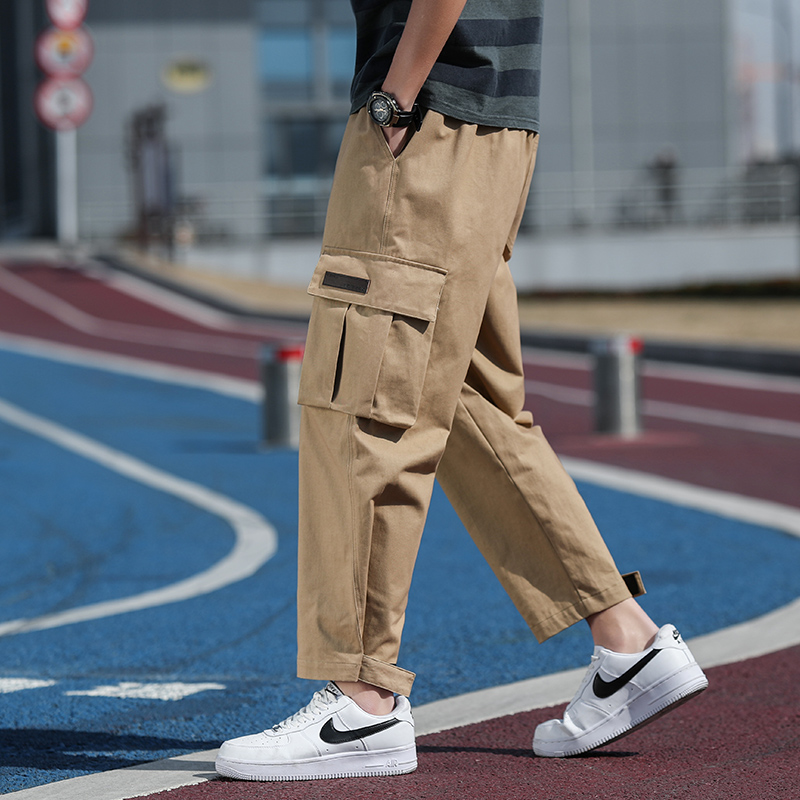 Khaki Pants Men Straight Fit Pockets Wide Leg Solid Color Cargo Pants Work Trousers Male Mens Hip Hop Clothing